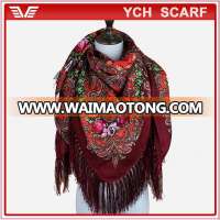 Wholesale Fashion Russia Shawls Factory Traditional Flower Print Pashmina Square Pashmina Scarf In Tassel